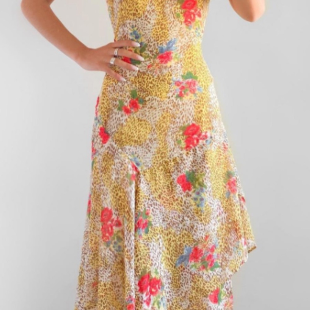 Urban Outfitters Vicky Leopard + Floral Cascade Chiffon Midi Dress Festival Boho